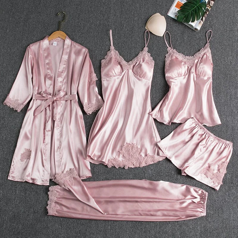 Women's 5-Piece Ice Silk Nightgown Set